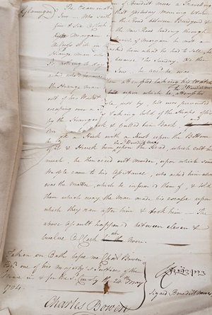 late 18th century criminal deposition of Benedict Moses, and Jewish pedlar who was assaulted and robbed while on the road selling his wares. He signed his deposition in highly elegant Hebrew.  
