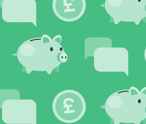 Illustration of multiple piggy banks, pound signs and speech bubbles.