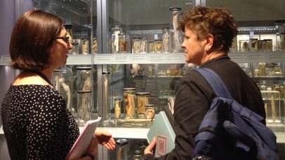 Two people looking at body parts in ethanol 